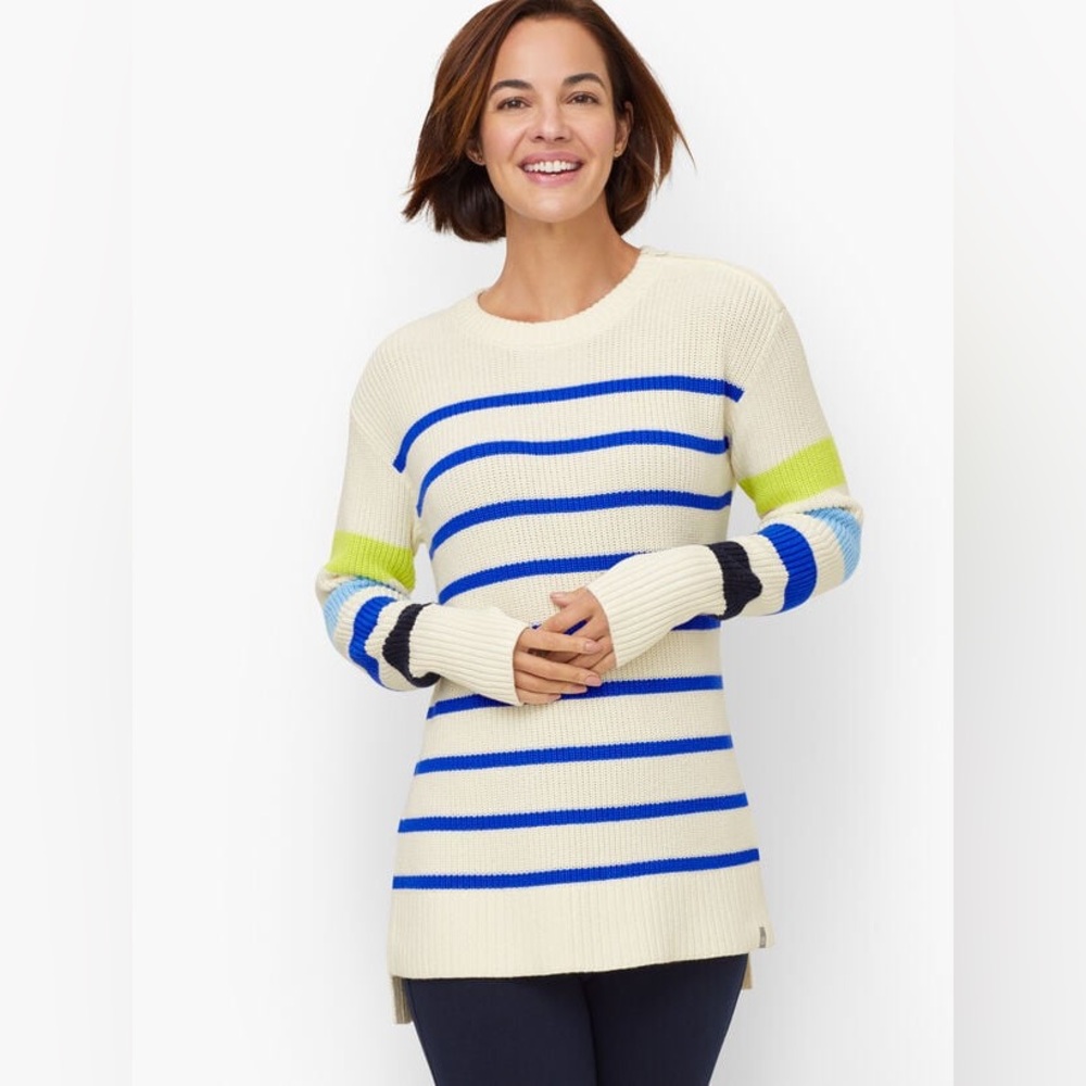 MULTI STRIPE CREWNECK HIGH-LOW SWEATER